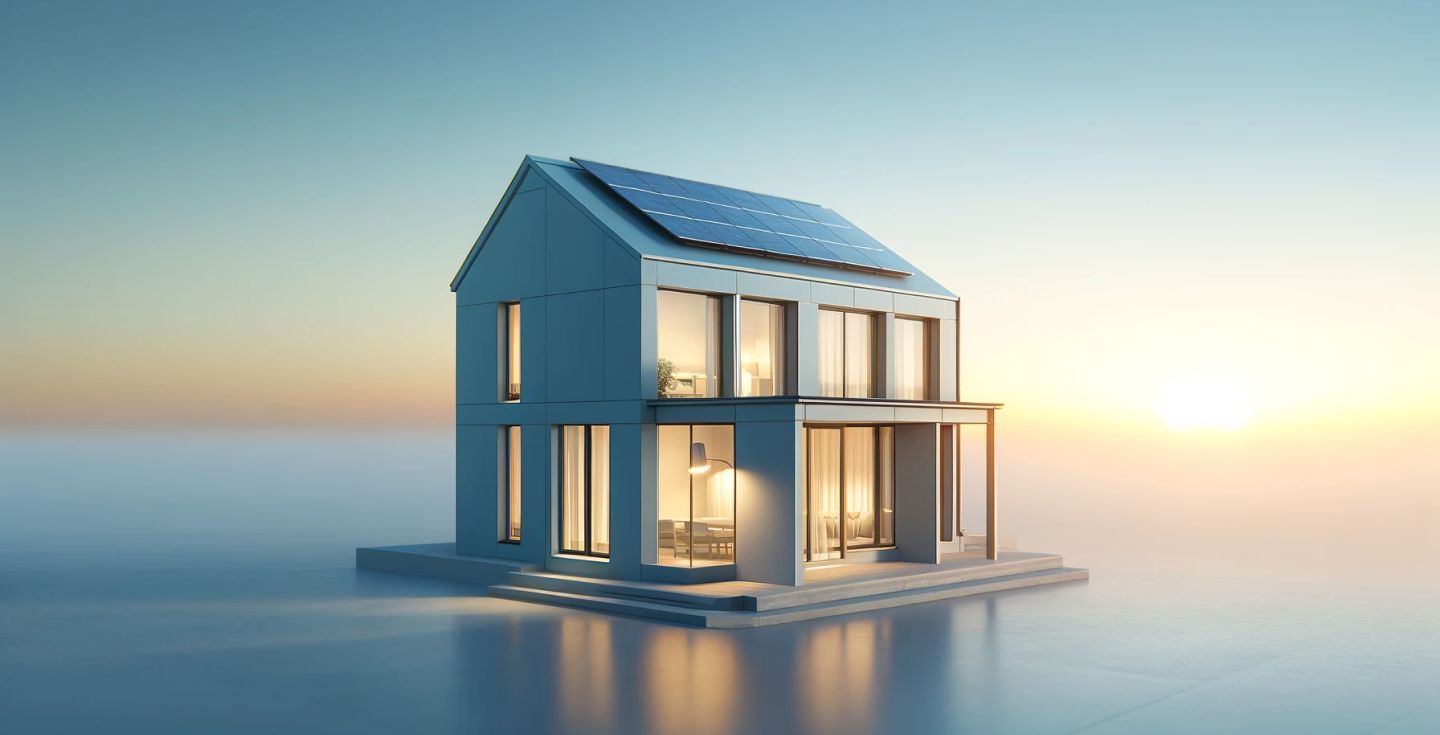 Energieeffizientes Einfamilienhaus mit Photovoltaikanlage im Abendlicht